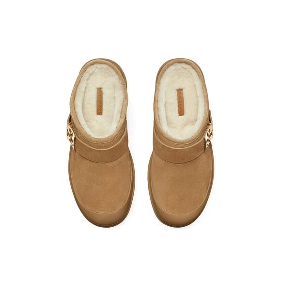 NEW TORY BURCH women's mellow shearling platform clogs in chestnut - Picture 4 of 6